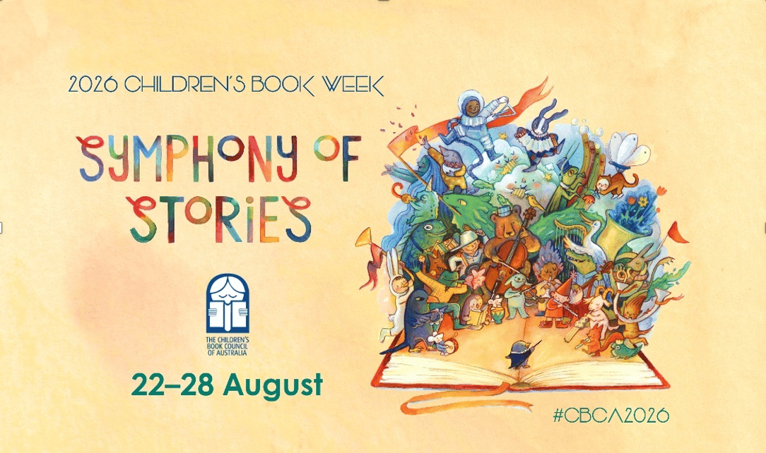 Banner for 2026 Children's Book Week, Symphony of Stories, 22-28 August, featuring the same open storybook illustration with musicians and animals spilling out, plus the CBCA logo and hashtag CBCA2026.