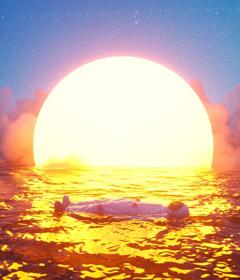 Astronaut floats in a sea under a radiant sun.