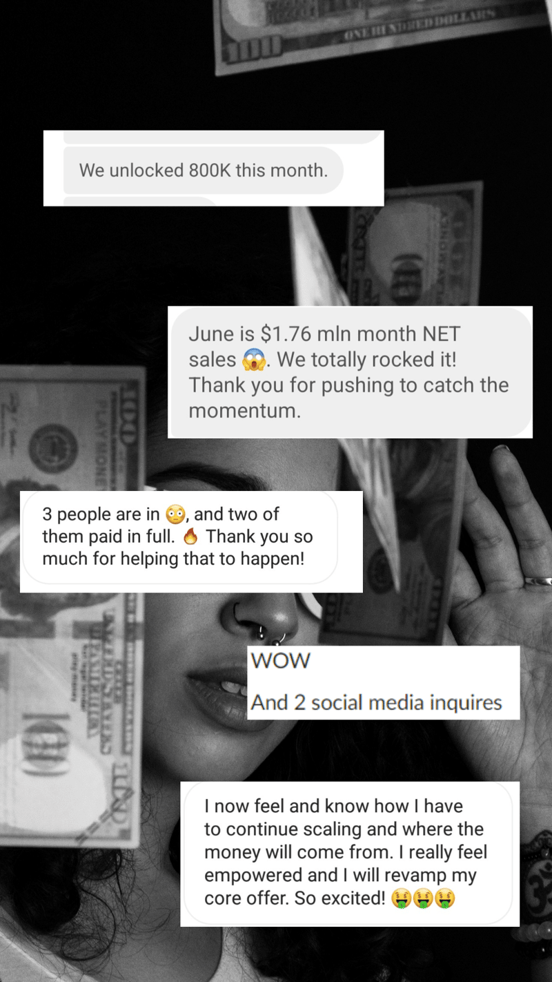 Marina helps high achieving entrepreneurs hit consistent 6 and 7 figures and build recurring revenue without cold outreach and being on 24/7 using her signature automated 7 Figure Sales Engine