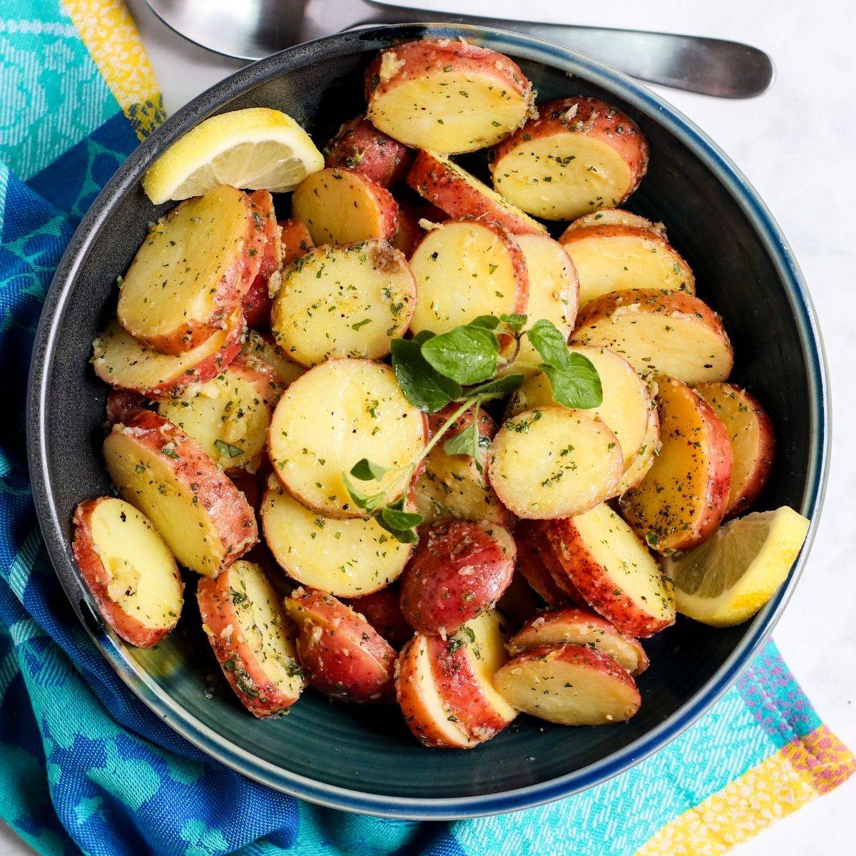 Bowl of Greek potato salad.