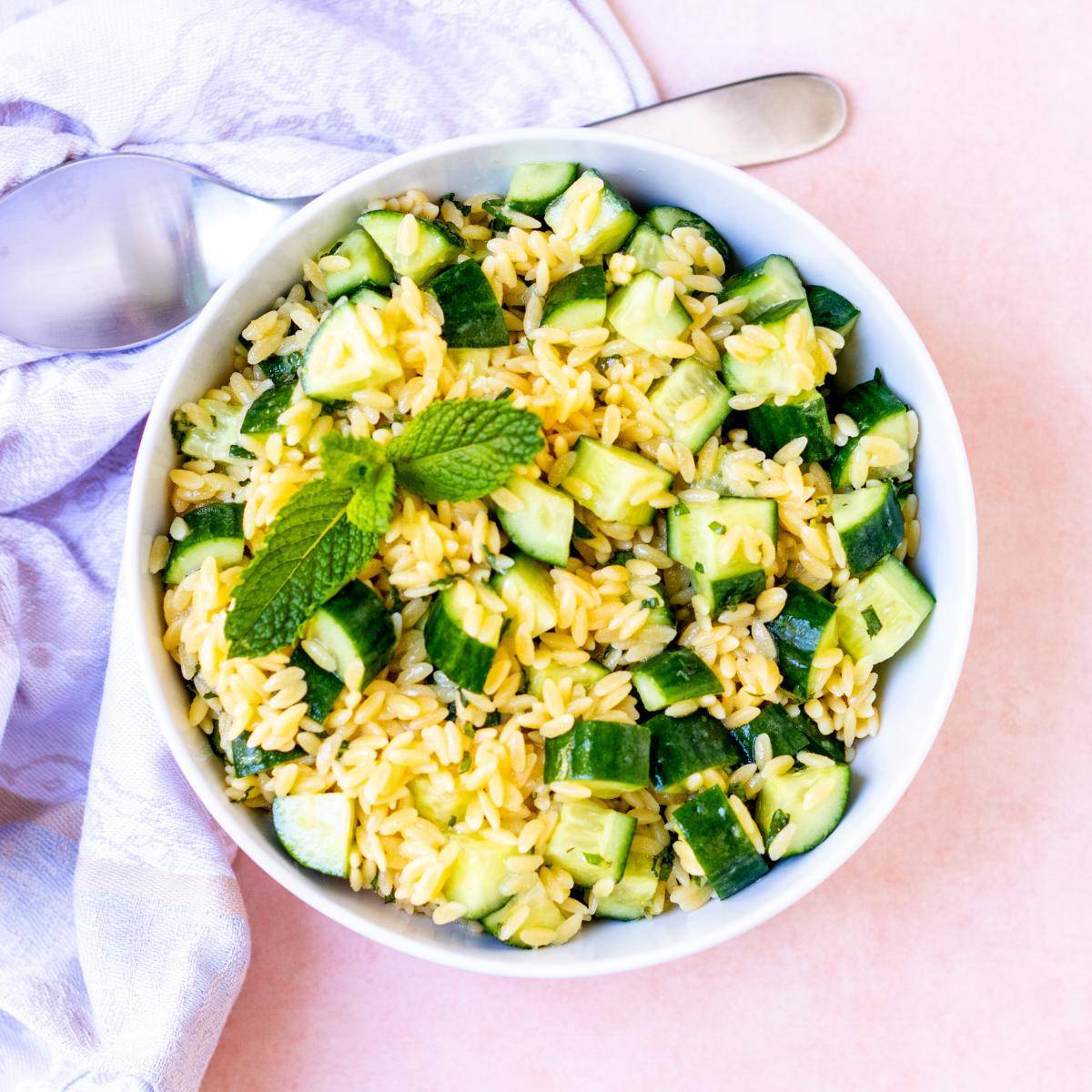 Bowl of Lemon Cucumber Orzo Salad garnished with a sprig of mint.