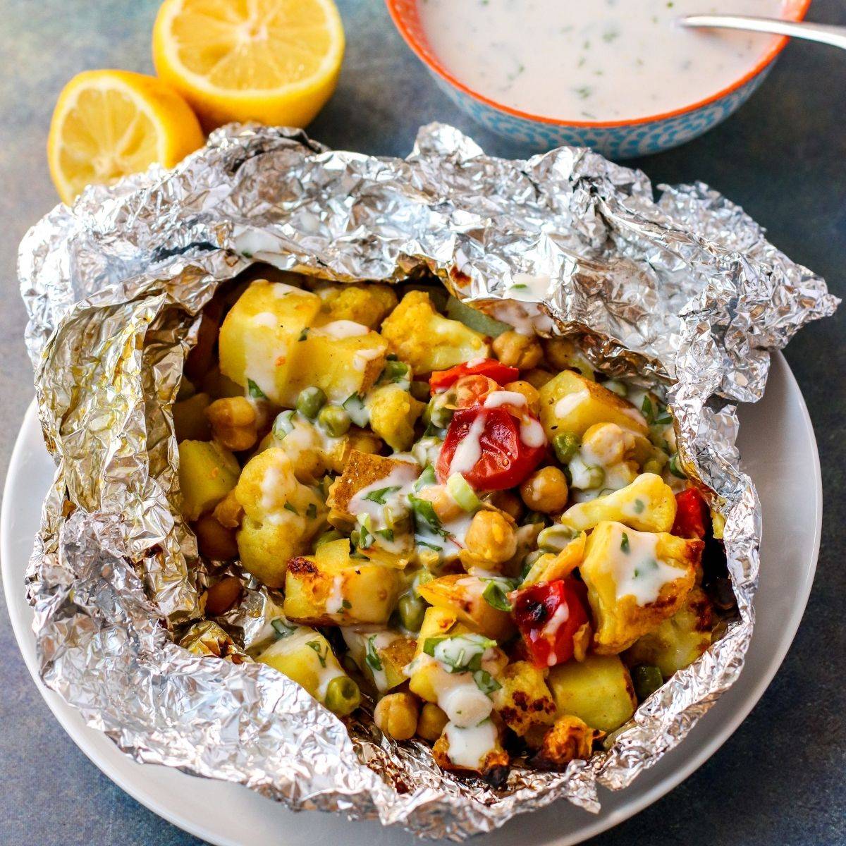 Cauliflower curry in a foil packet.