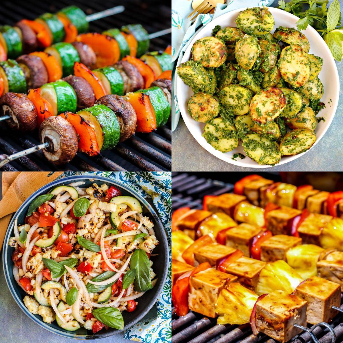 Veggie kabobs on a grill, grilled potatoes in lemon herb sauce, grilled corn salad, and teriyaki tofu and pineapple skewers on a grill.