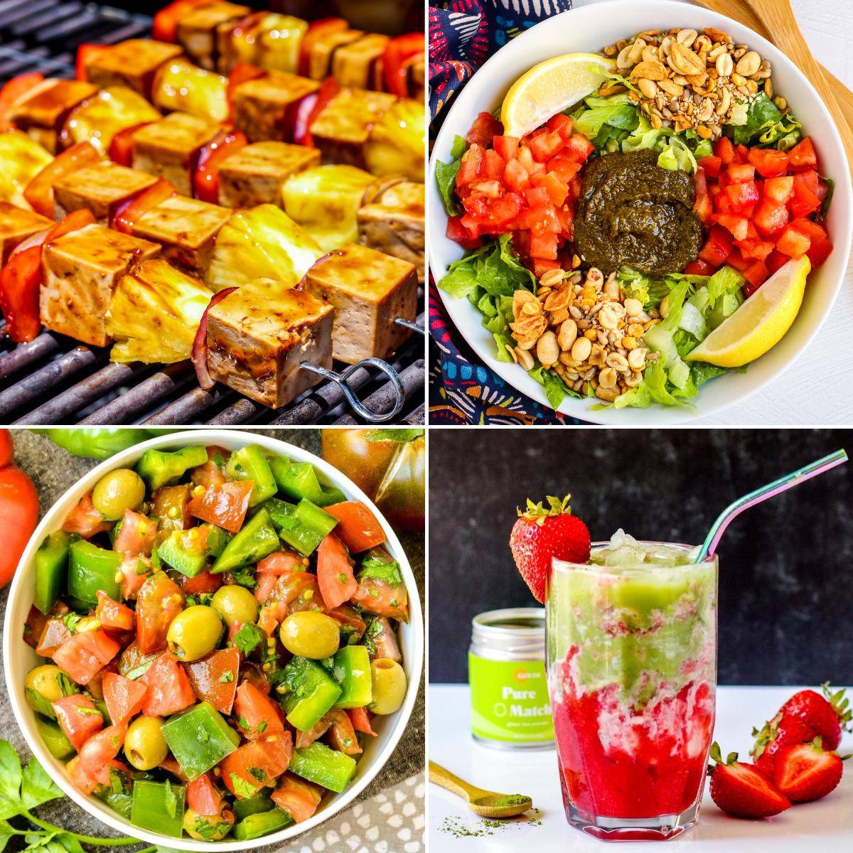 Tofu kabobs, salads, and iced strawberry matcha latte.