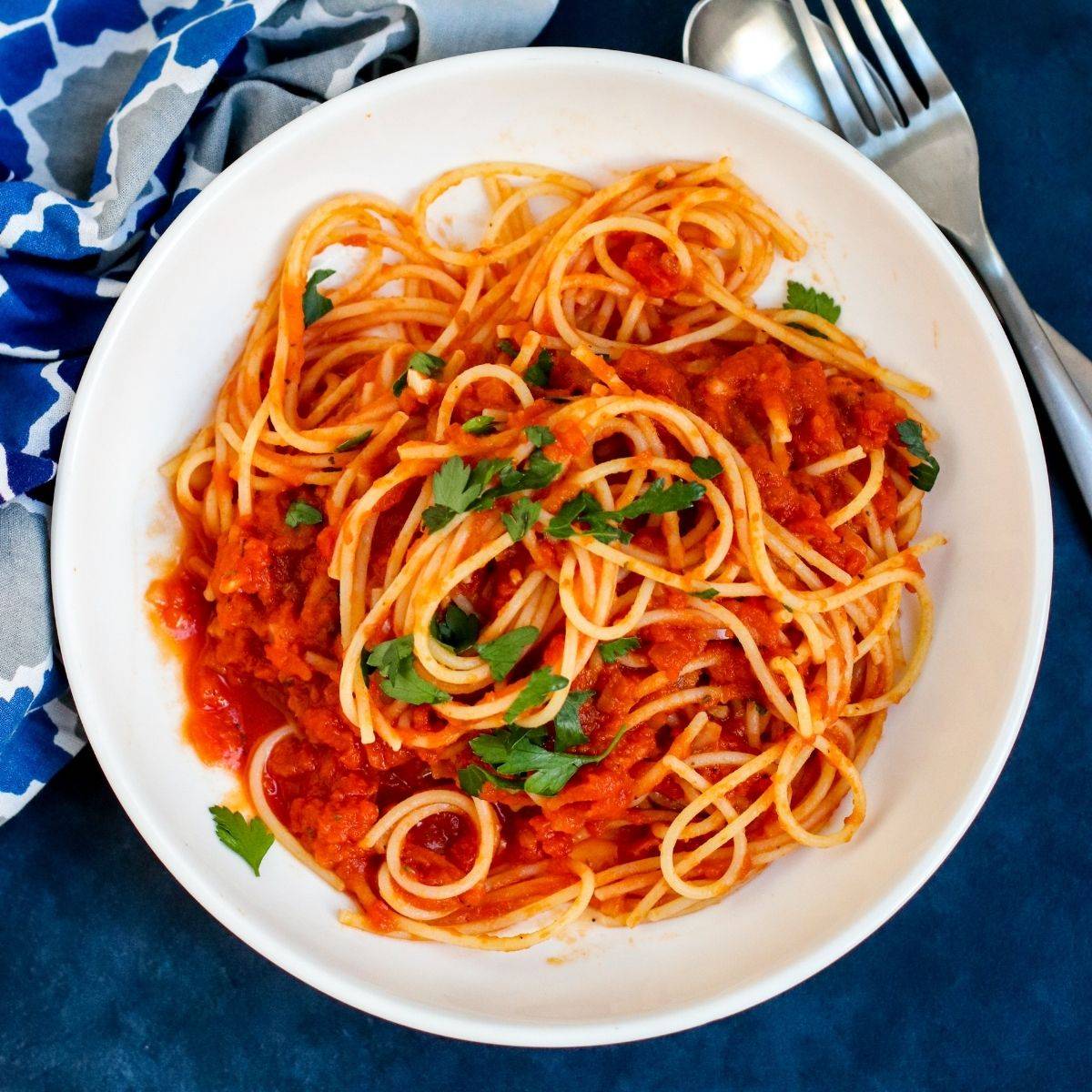 Spaghetti tossed with pumpkin marinara and garnished with parsley.