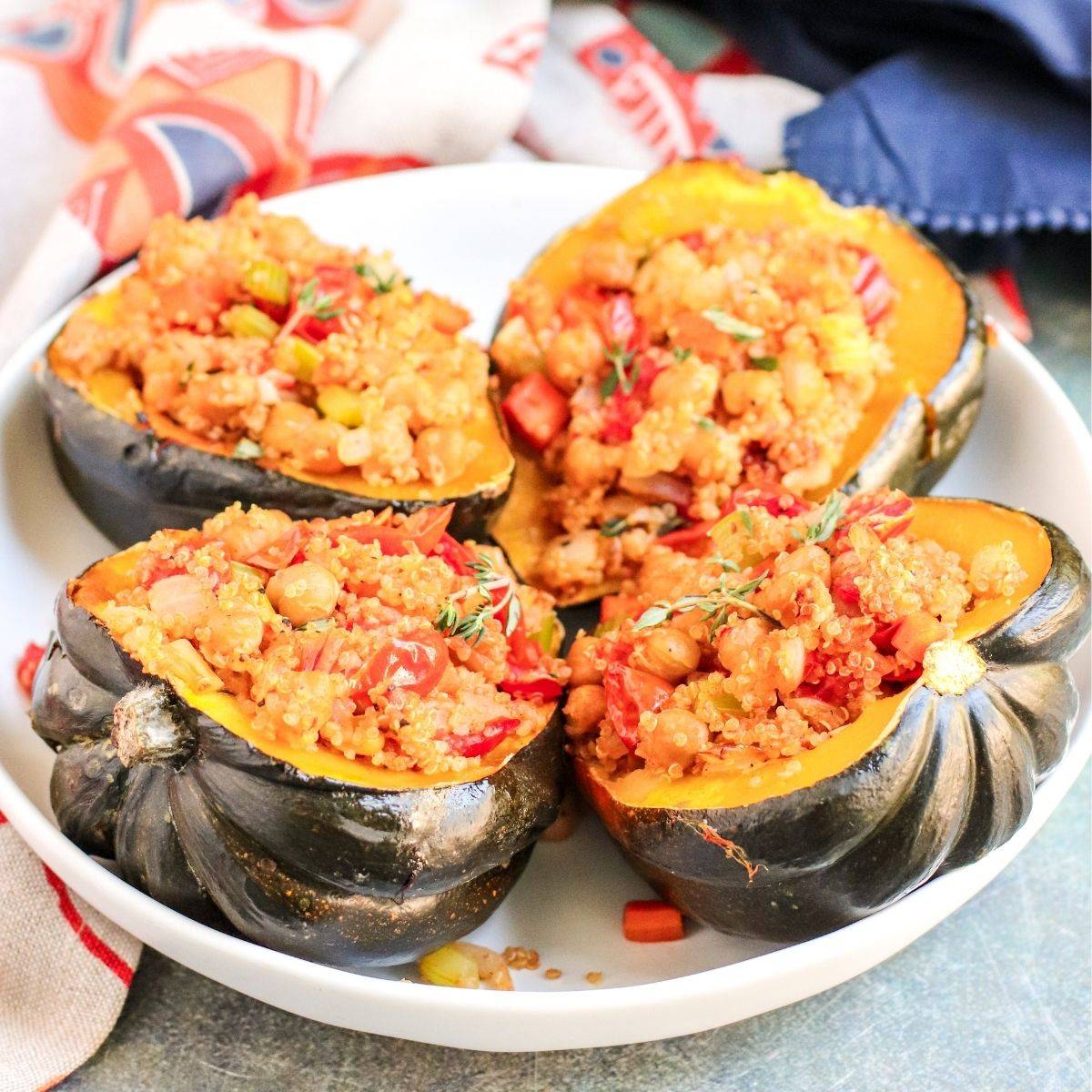 Acorn squash stuffed with Mediterranean chickpea quinoa.
