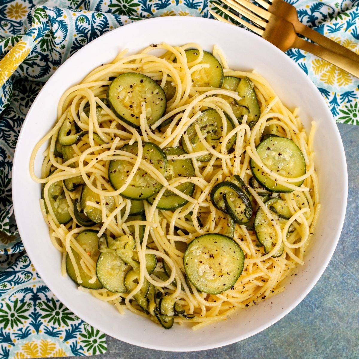 Bowl of spaghetti with zucchini.