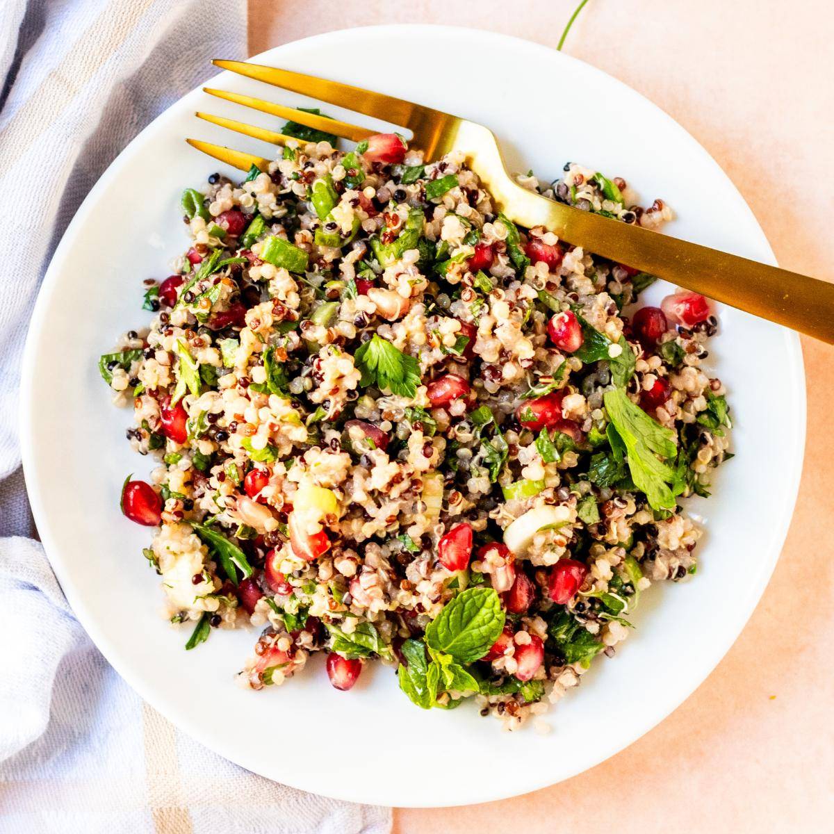Quinoa salad with pomegranate and fresh herbs.