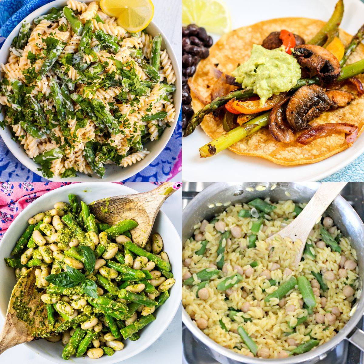 Creamy asparagus pasta, veggie fajitas, asparagus chickpea orzo, and asparagus white bean salad.
