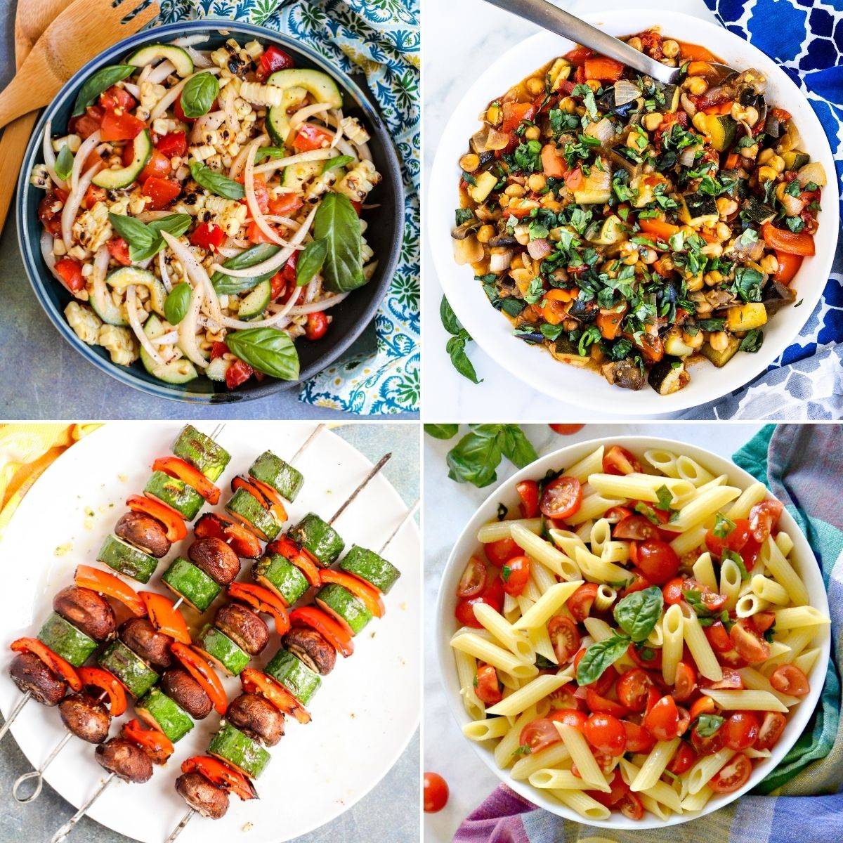 Grilled corn salad, roasted chickpea ratatouille, grilled veggie kabobs, and penne with no-cook tomato sauce.
