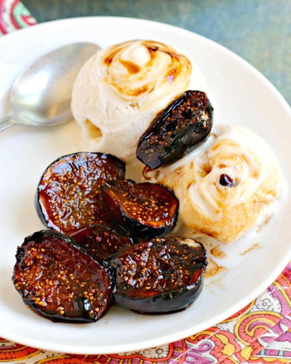 Vanilla ice cream topped with caramelized figs.