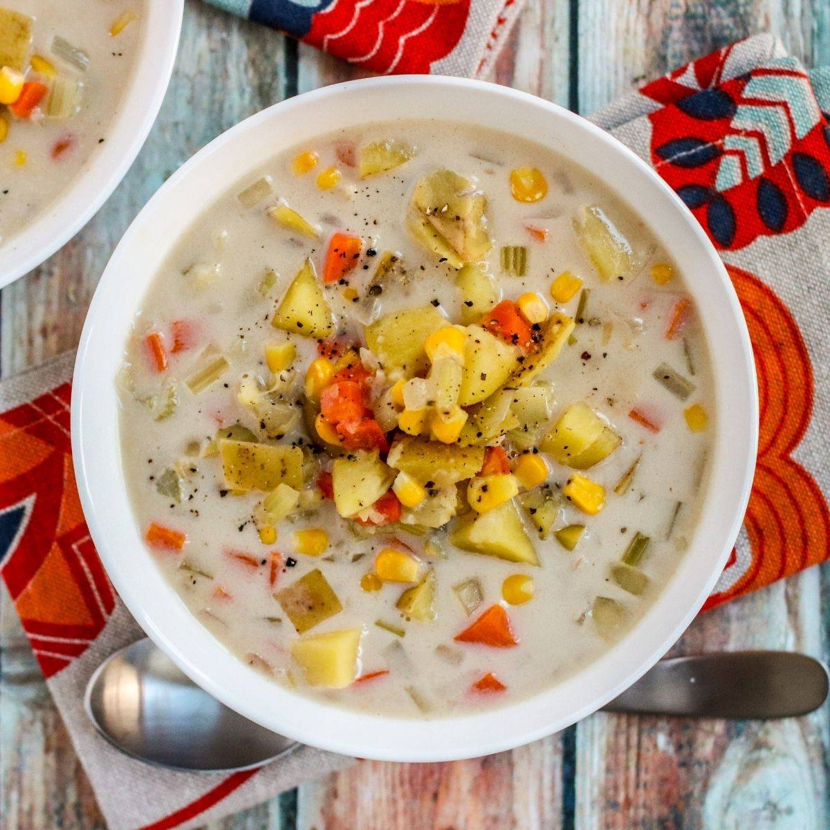 Bowl of vegan potato corn chowder.