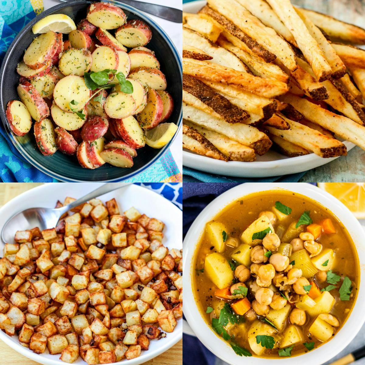 Potato salad, hand cut fries, home fries, and potato chickpea soup.