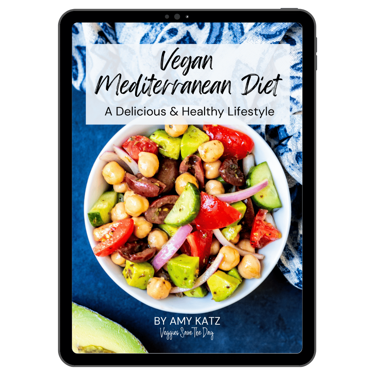 Vegan Mediterranean Diet eBook on a tablet.