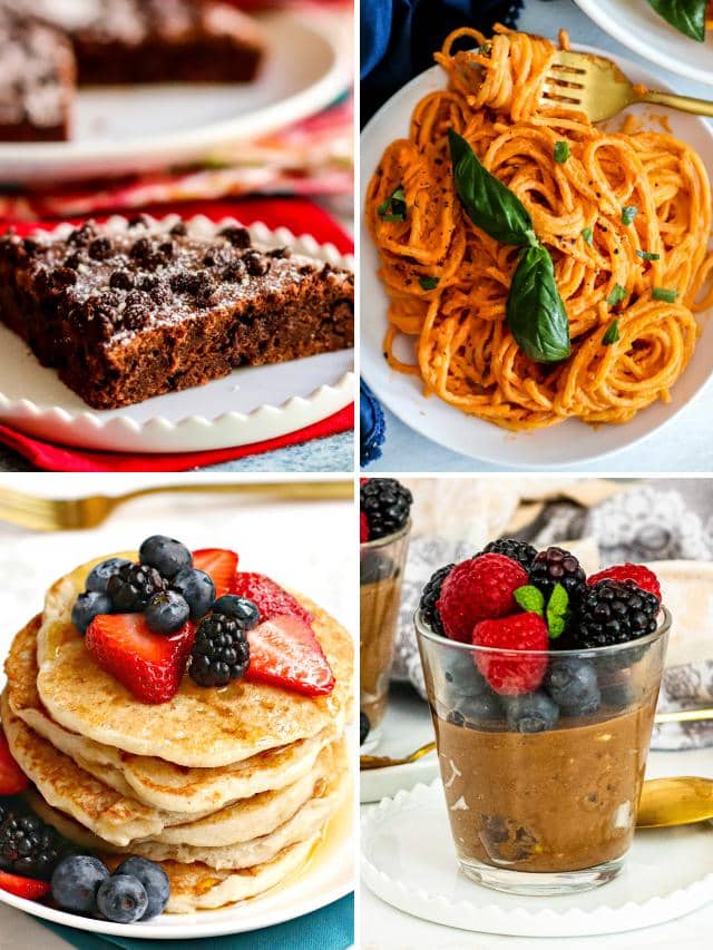 Brownie, creamy tomato spaghetti, pancakes topped with fruit, and chocolate mousse topped with berries.