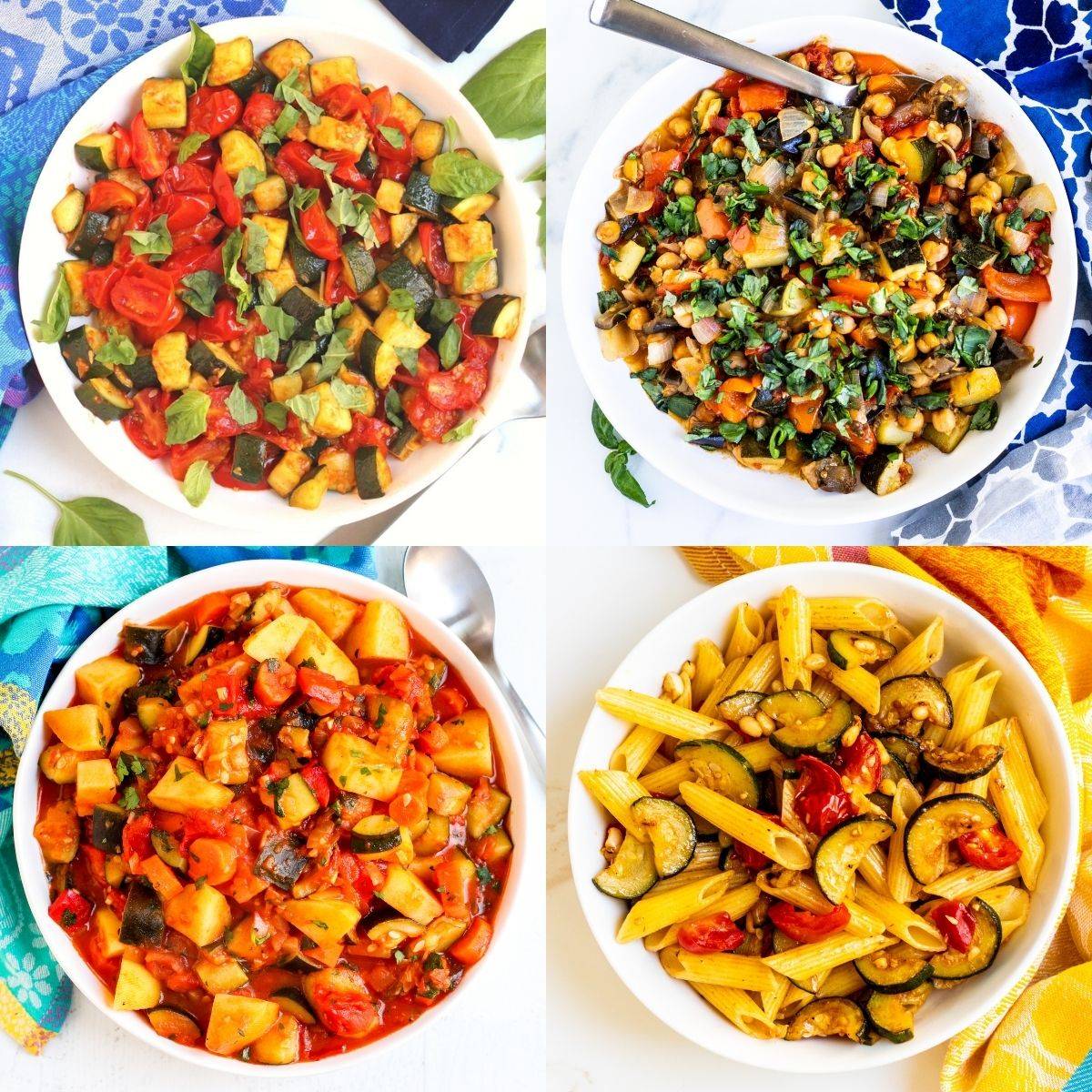 Mediterranean tomato and zucchini saute, roasted chickpea ratatouille, zucchini stew with potatoes, and penne with zucchini.