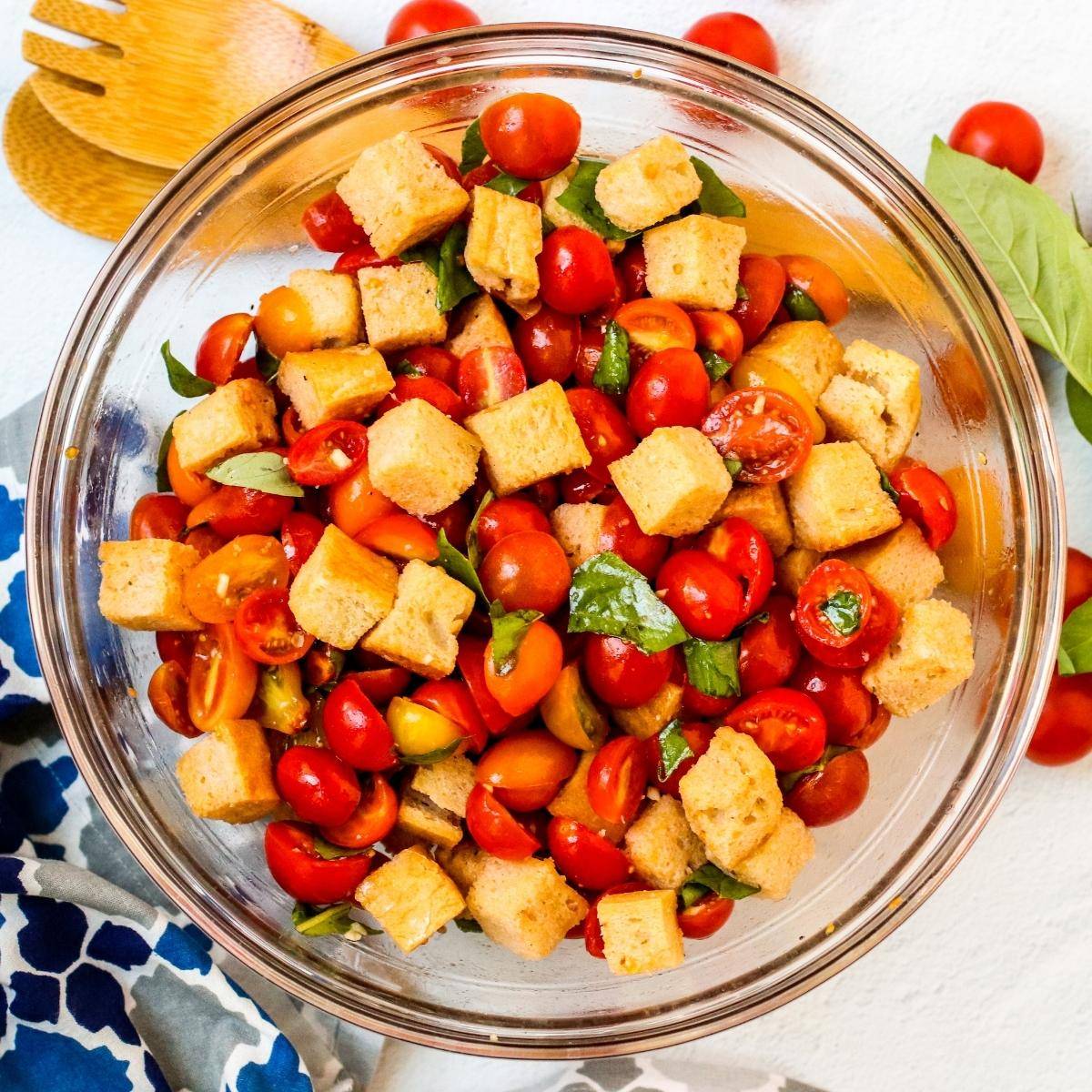 Bowl of bread and tomato salad.