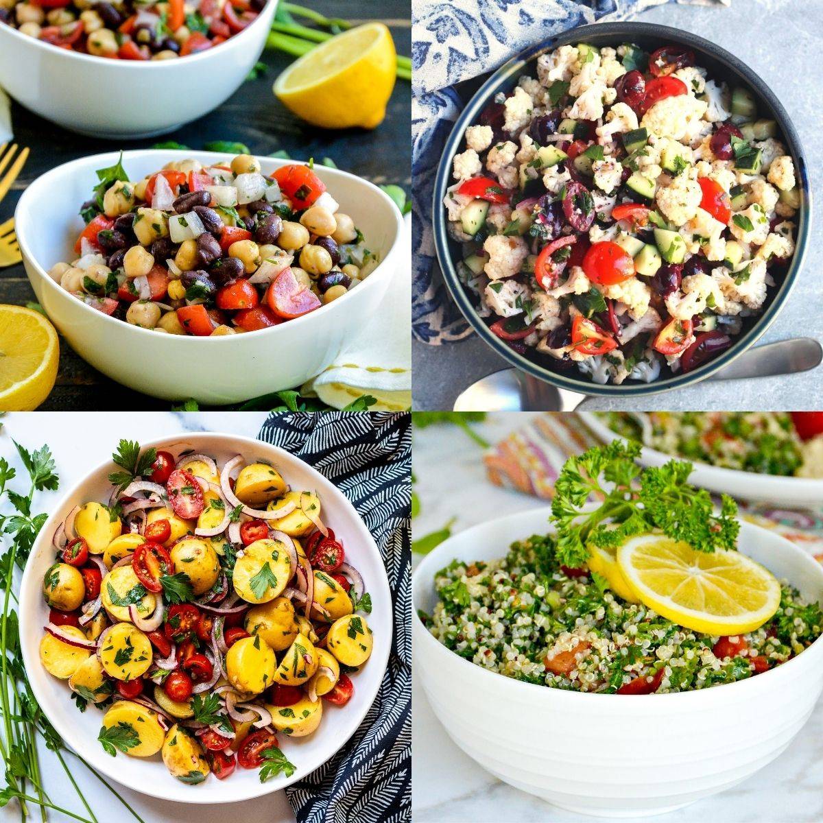 Balela salad, Mediterranean cauliflower salad, Italian potato salad, and quinoa tabbouleh.