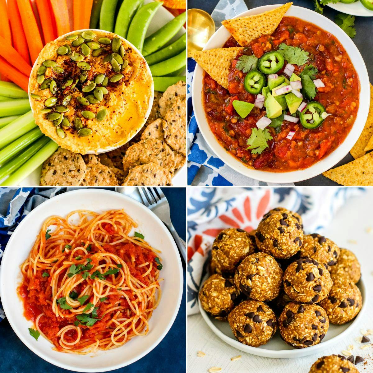 Pumpkin hummus, lentil chili, pumpkin marinara pasta, and pumpkin energy balls.