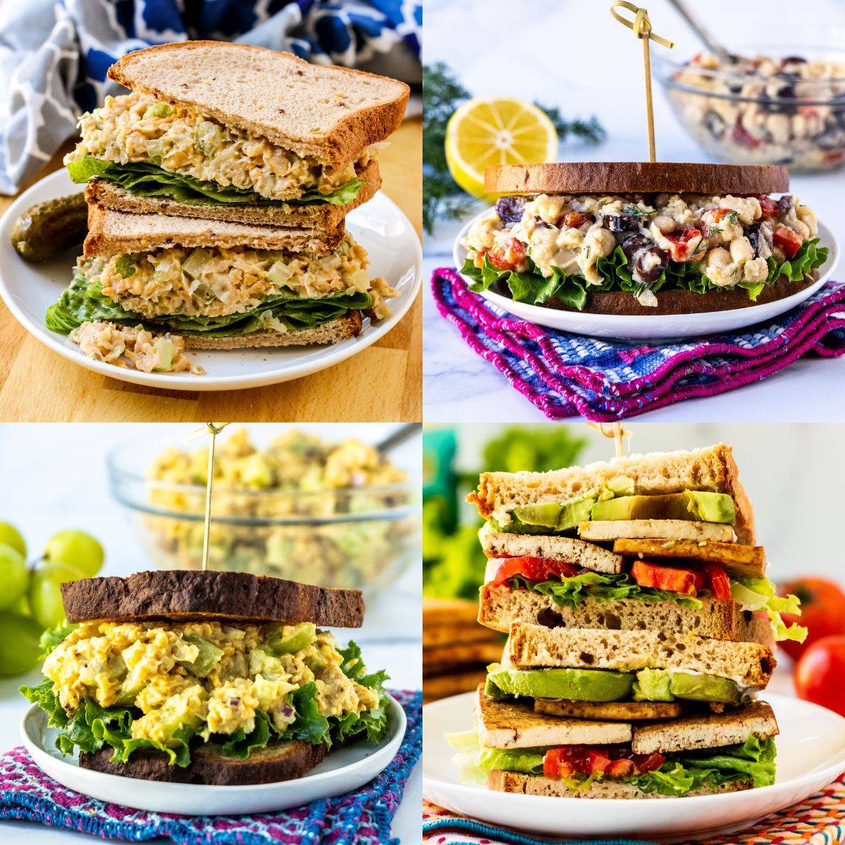 Collage of vegan sandwiches: tuna salad, smashed white bean salad, curried chickpea salad, and baked tofu.