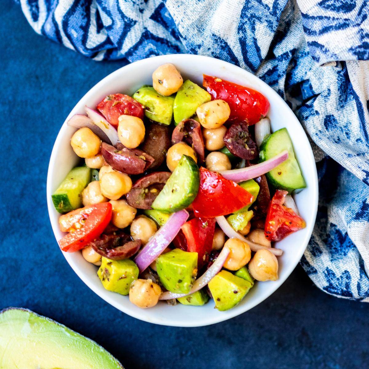 Bowl of Greek chickpea salad.