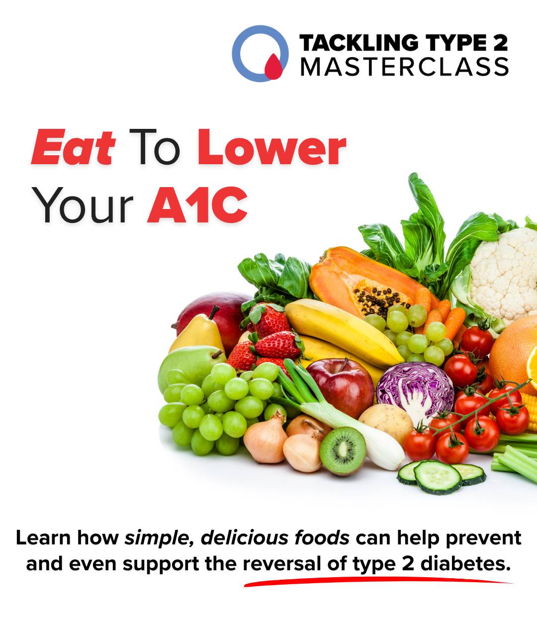 Fruits and vegetables with text overlay: Eat to Lower Your A1C.
