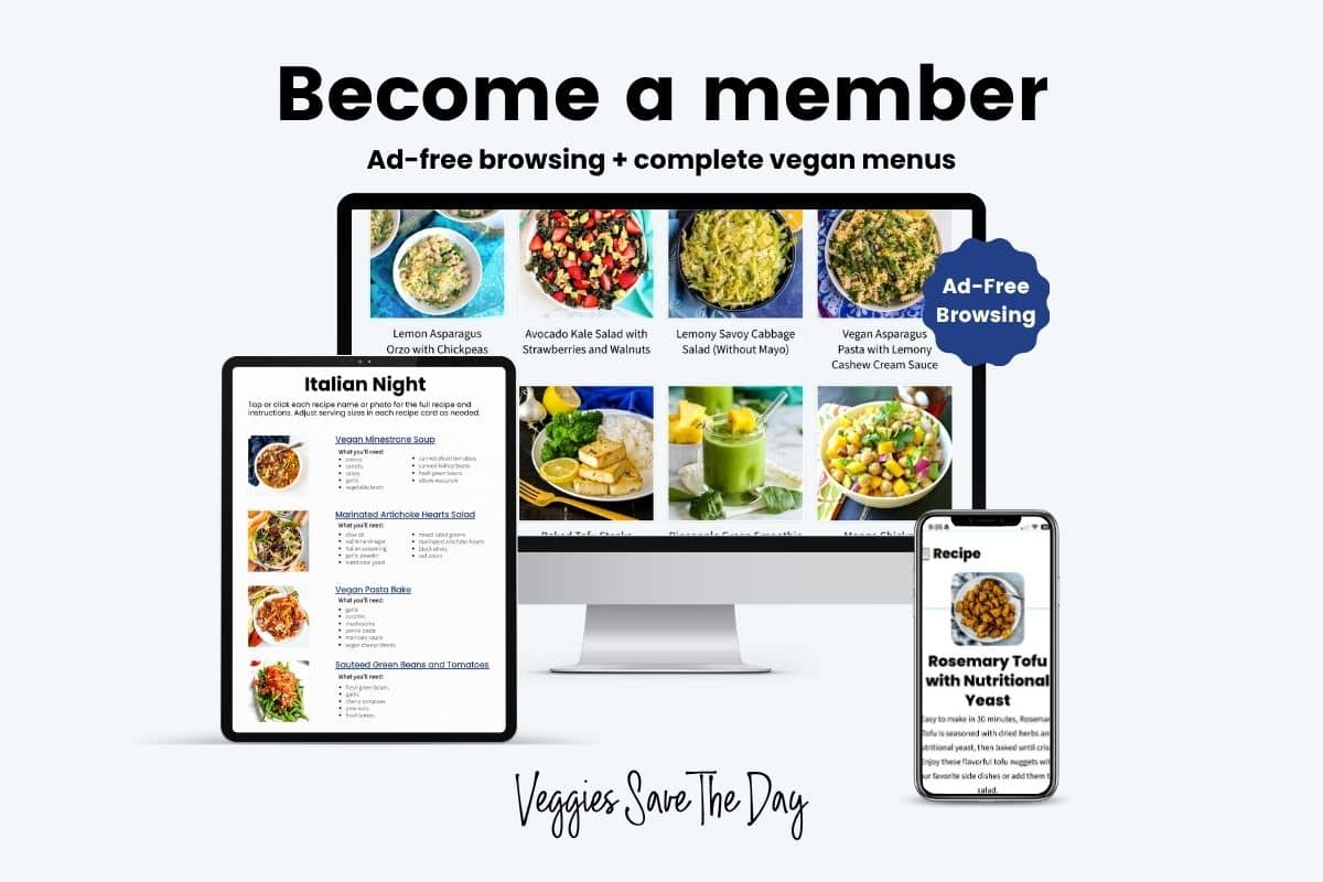New Veggies Save The Day Membership with images of what it looks like on computer, tablet, and cell phone screens.