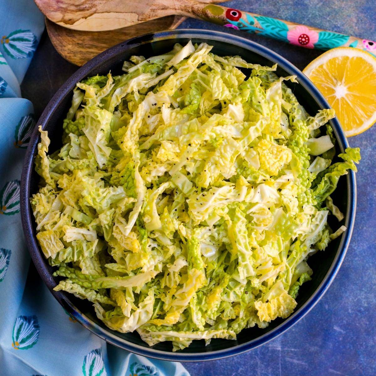Bowl of lemony savoy cabbage salad.