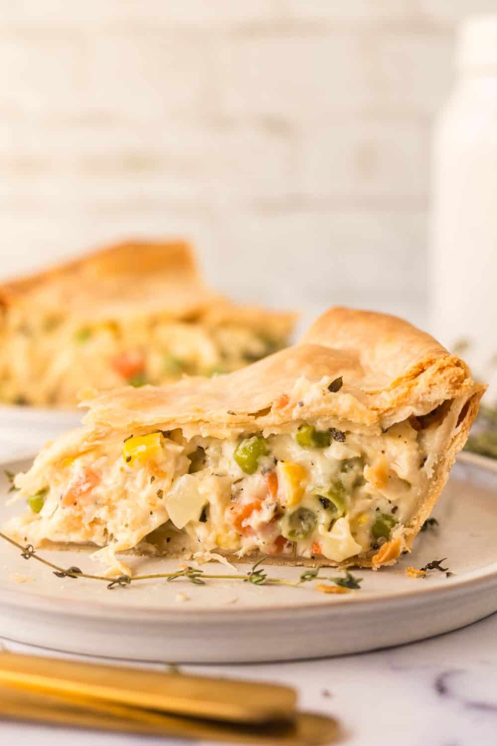 turkey pot pie on white plate.