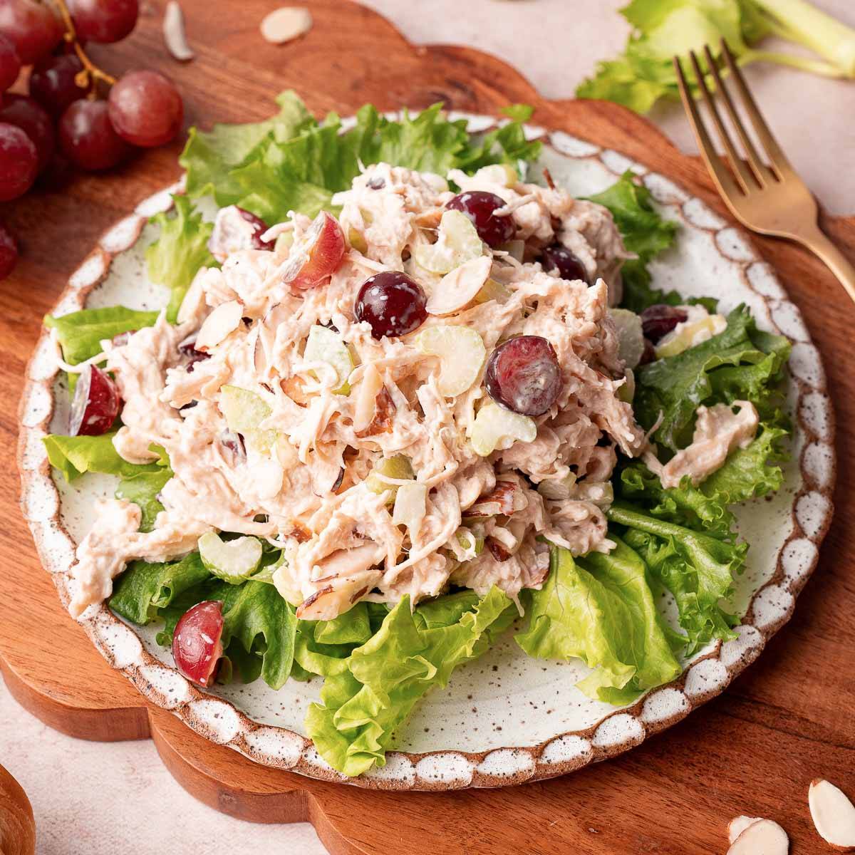 plate with chicken salad with grapes on top