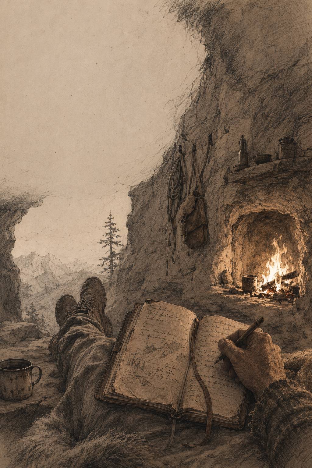 A bright campfire with glowing embers and sparks rising into the dark night