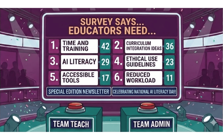 A Family Feud themed graphic that says "Survey says... Educators Need..."