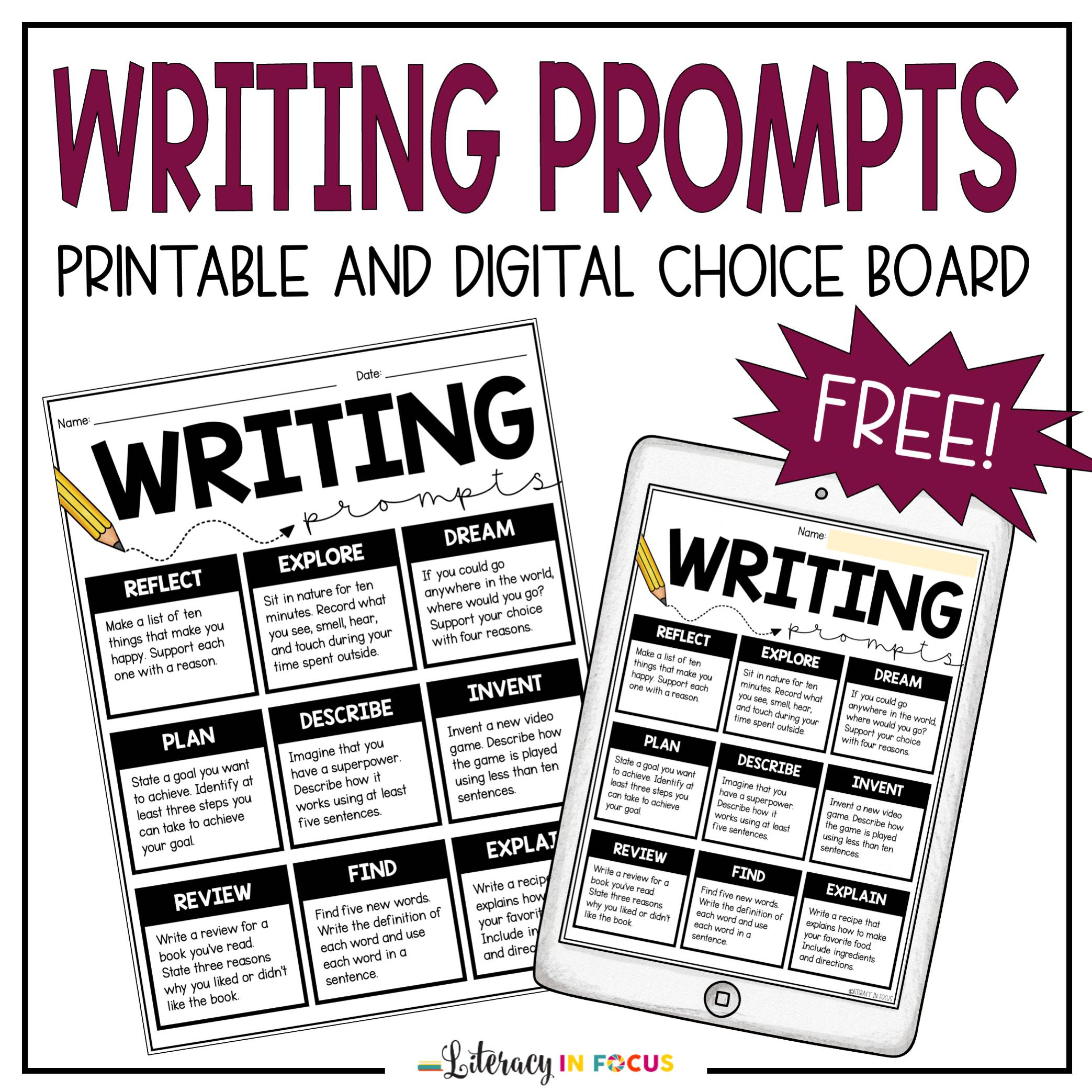 Free Writing Prompts Choice Board For Kids - Literacy In Focus