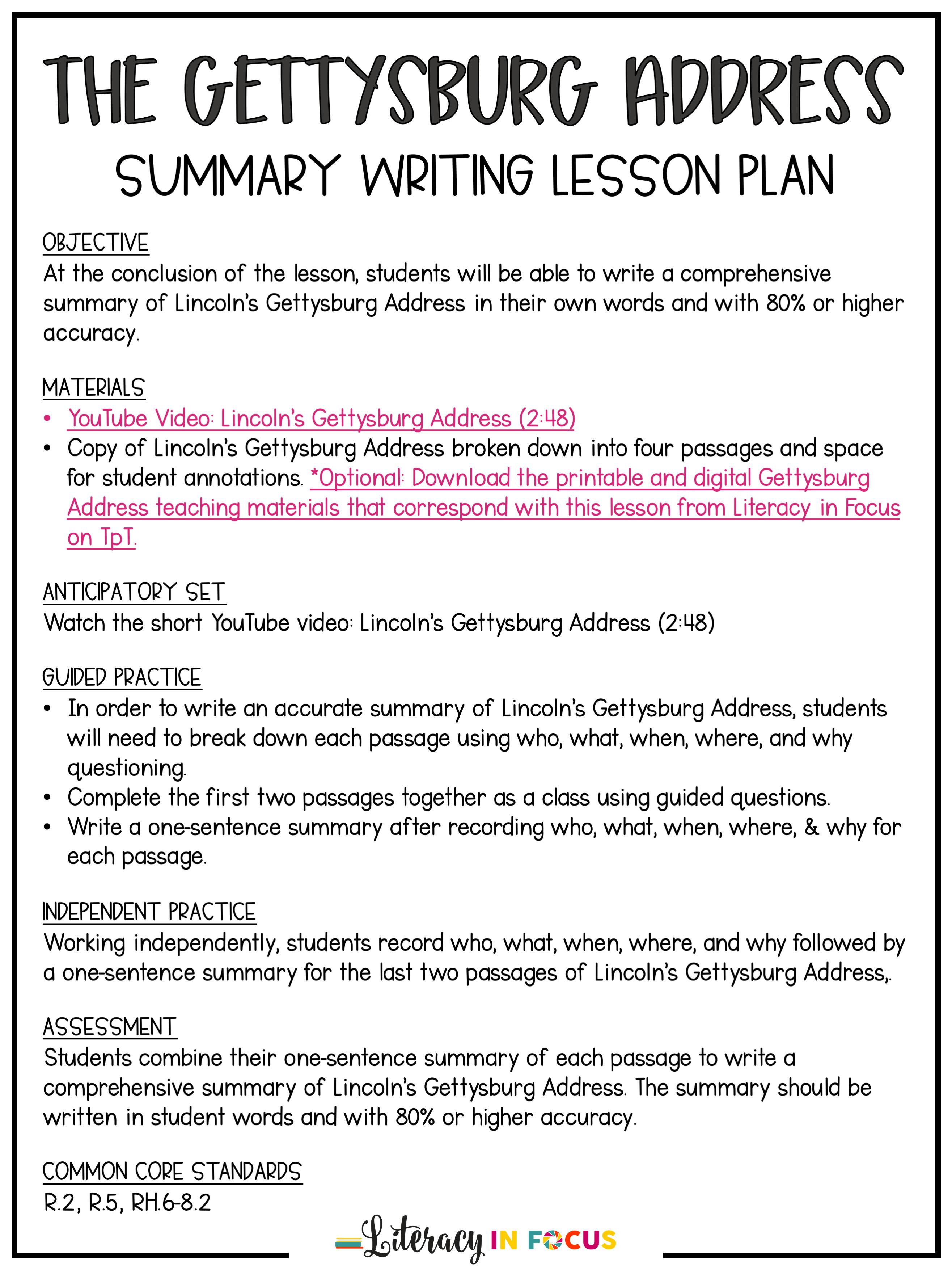The Gettysburg Address Summary Writing Lesson - Literacy In Focus