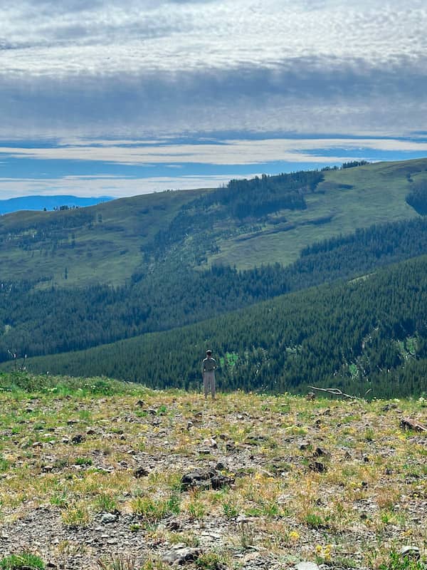 A person standing quietly on a mountainside, taking in the vast valleys and mountain views of Yellowstone National Park.