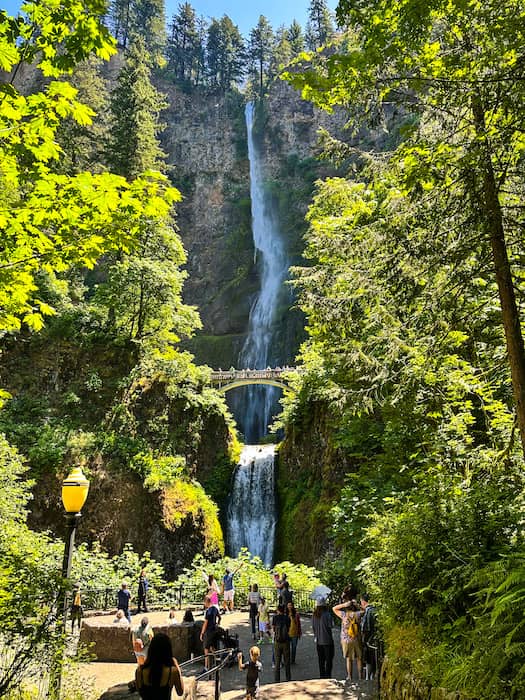 Multnomah Falls with the iconic Benson Bridge in Oregon.