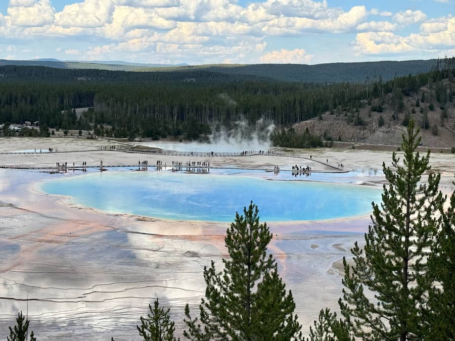 Grand Prismatic Spring viewed from above with bright blue water, colorful edges, steam, and boardwalks in Yellowstone National Park.