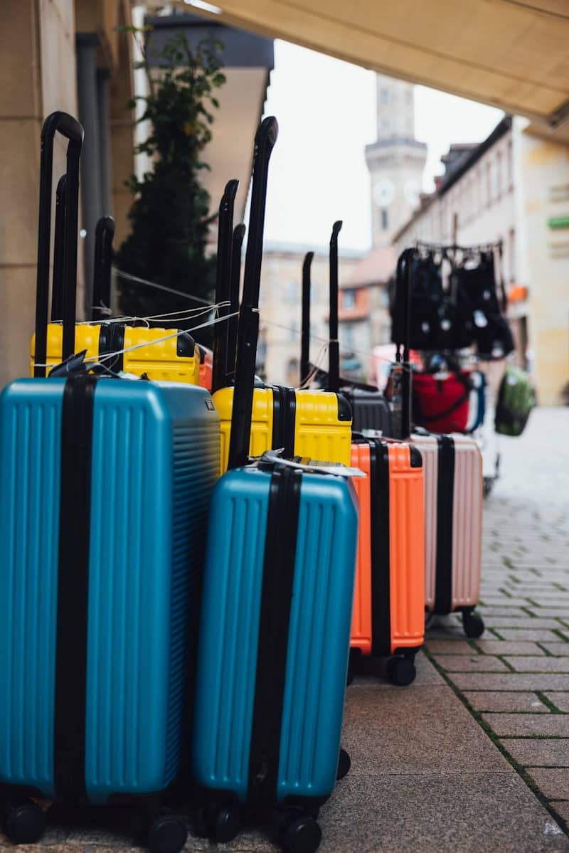 a group of suitcases are lined up on the sidewalk