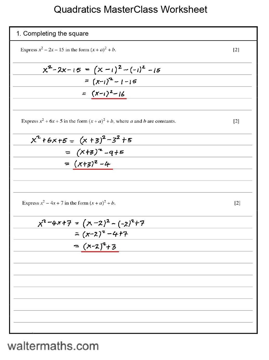Quadratics MasterClass Worksheet