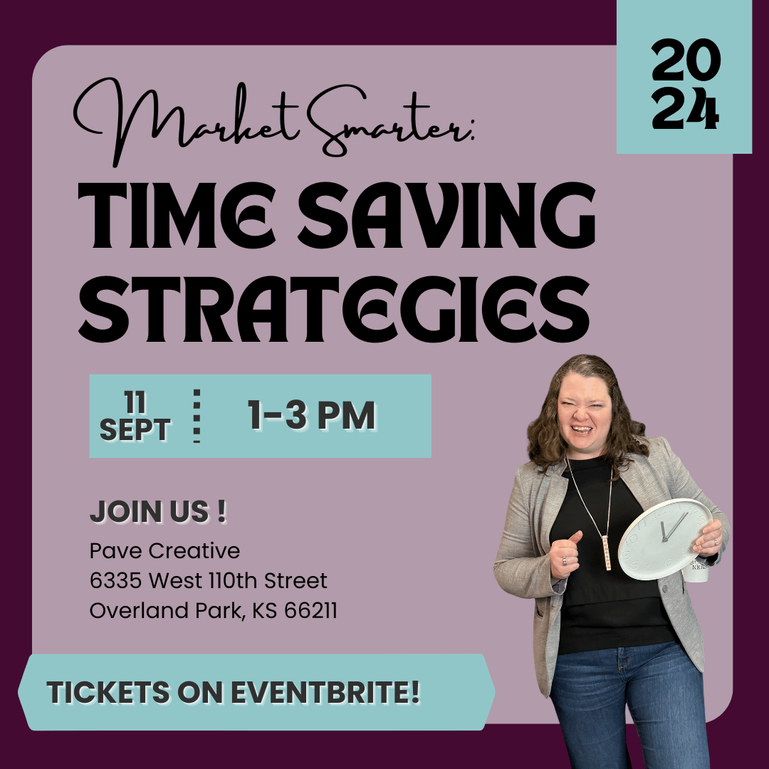 Jen with clock + workshop details in text on a purple background