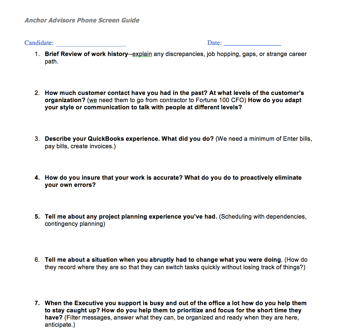 Phone Screen Questions Template