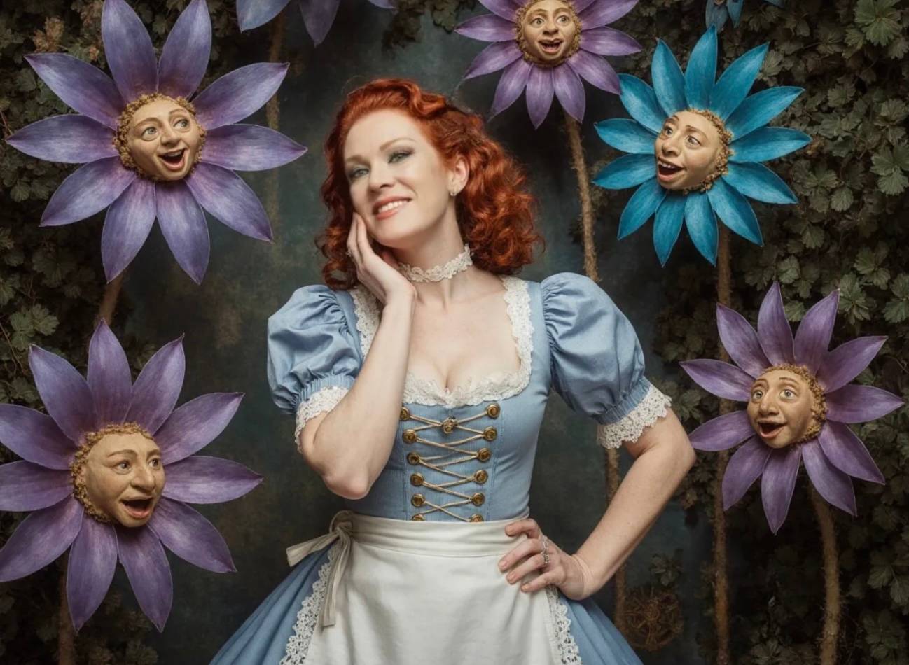 A red-haired woman in a blue, storybook-style dress stands smiling among large, colorful flowers with expressive human faces. The whimsical scene has a theatrical, fairy-tale atmosphere with lush greenery in the background.