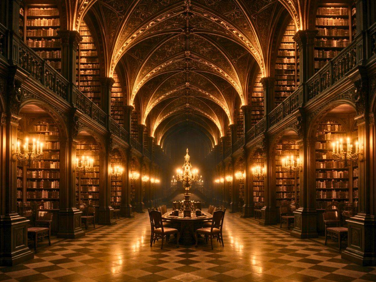A grand, cathedral-like library features towering bookshelves, ornate arches and warm chandelier lighting. A long table with chairs sits at the center beneath intricately detailed vaulted ceilings.