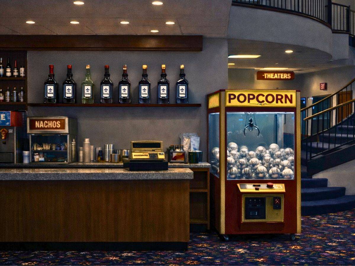 A movie theater concession stand is shown with a nacho station and a brightly lit popcorn machine filled with plastic snowglobes like a claw game. A staircase and “THEATERS” sign are visible in the background.