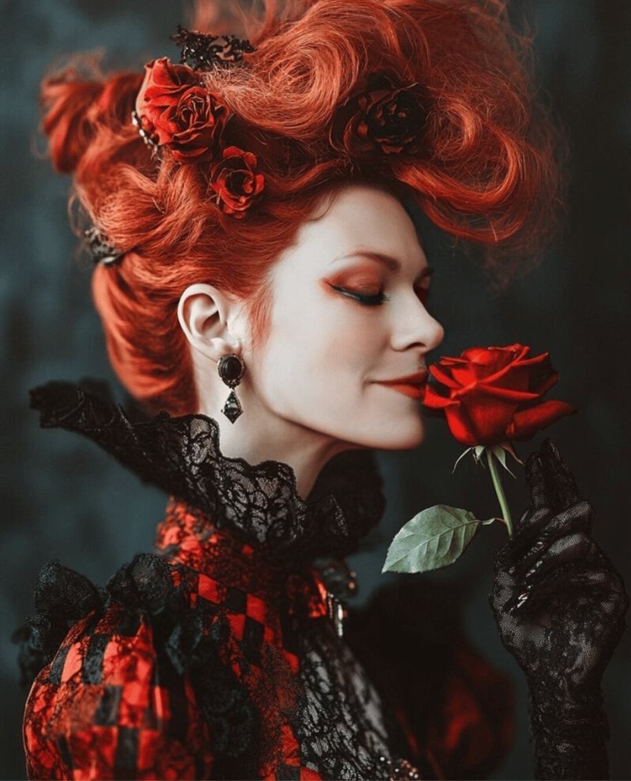 A woman with vibrant red hair styled in an elaborate updo adorned with red roses wears a dramatic red and black Victorian-inspired outfit with lace details. She is smiling softly with her eyes closed, holding a red rose close to her nose as if savoring it