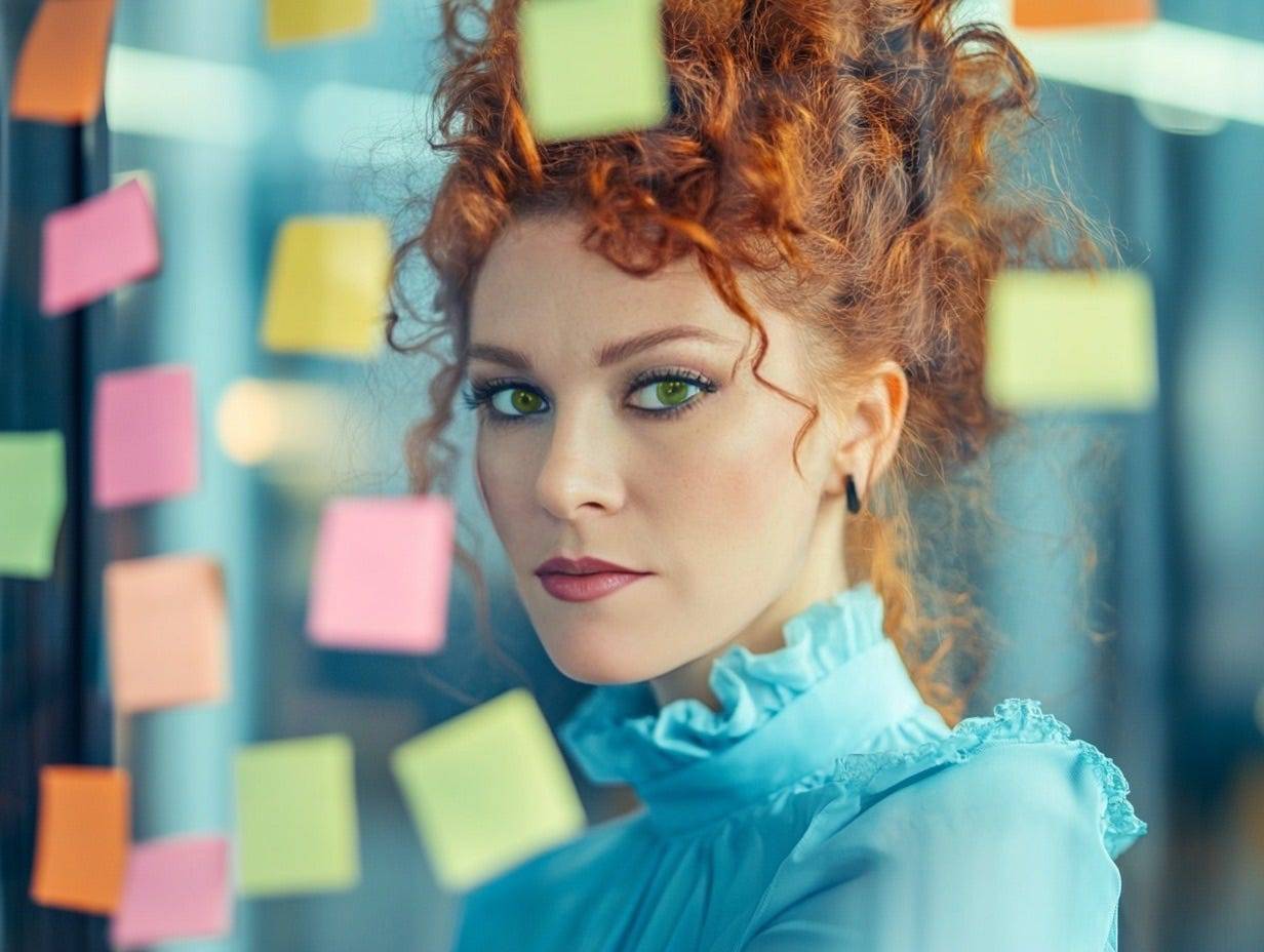 A surreal digital collage depicting the chaos of productivity culture: a woman with a stoic expression sits at the center, surrounded by sticky notes, swirling around her in a colorful, overstimulating vortex that illustrates the overwhelm and pressure of