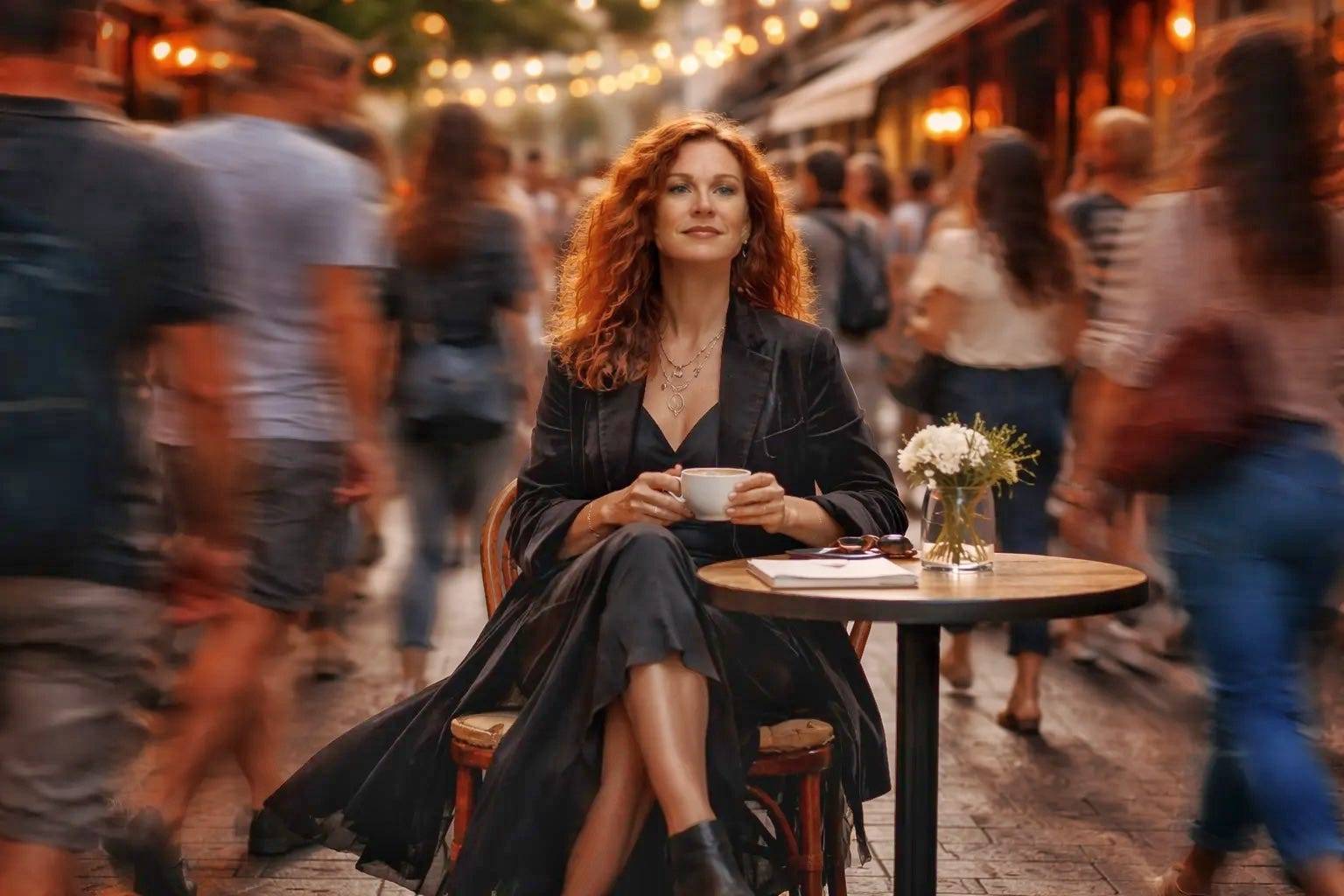 A red-haired woman sits confidently at a small café table, holding a cup of coffee as people blur past her on a lively, string-lit street. She appears calm and self-assured amid the motion and noise around her.