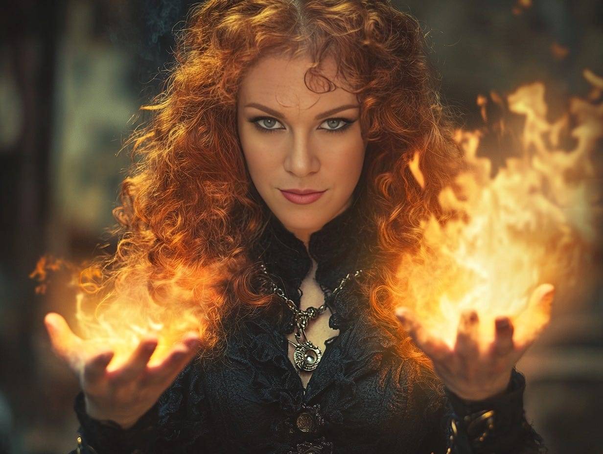 A red-haired woman in dark clothing holds flames in both hands, staring forward with an intense, focused expression. The fire glows brightly against the shadowed background, creating a dramatic, fantasy-like scene.
