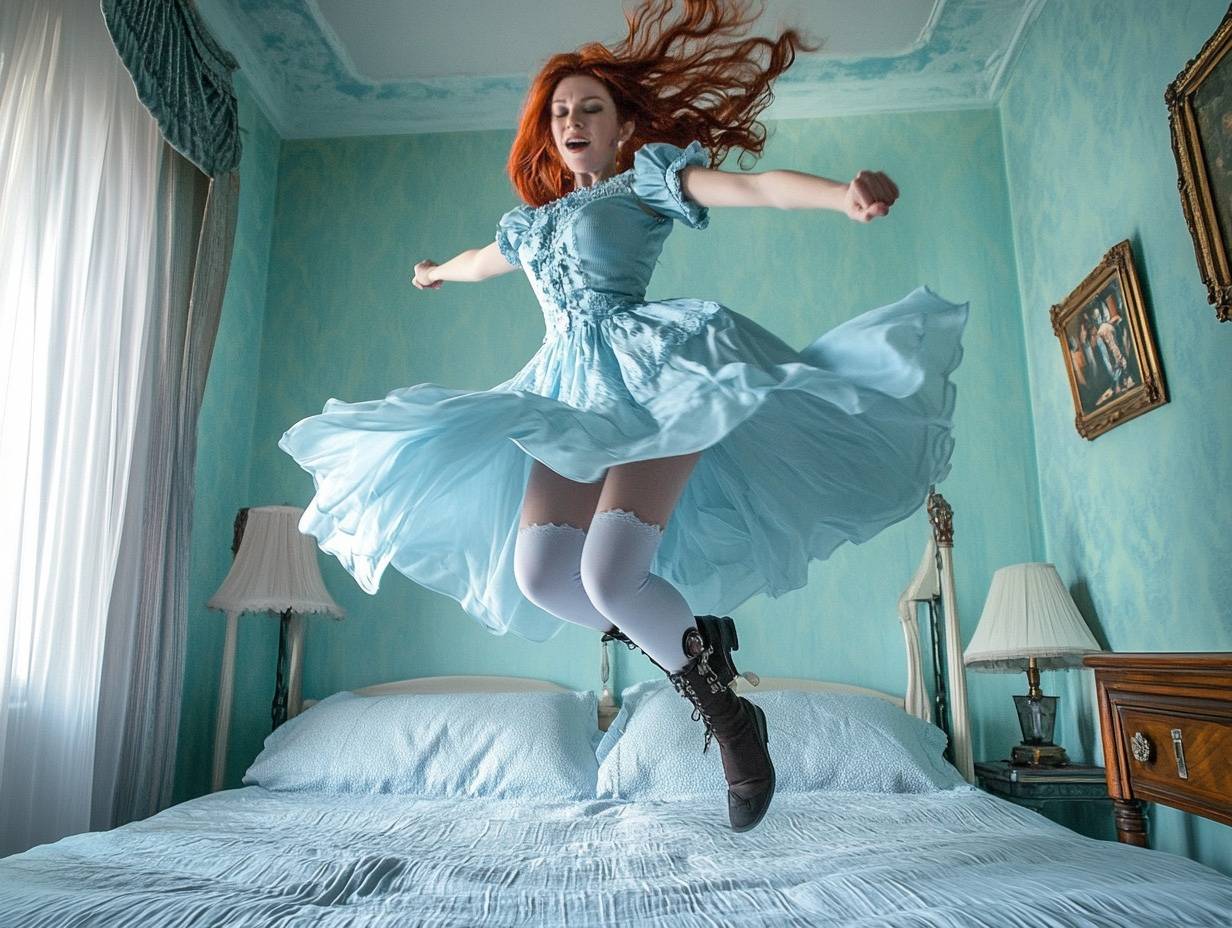 Redheaded woman in a light blue dress, thoroughly enjoying jumping on the bed