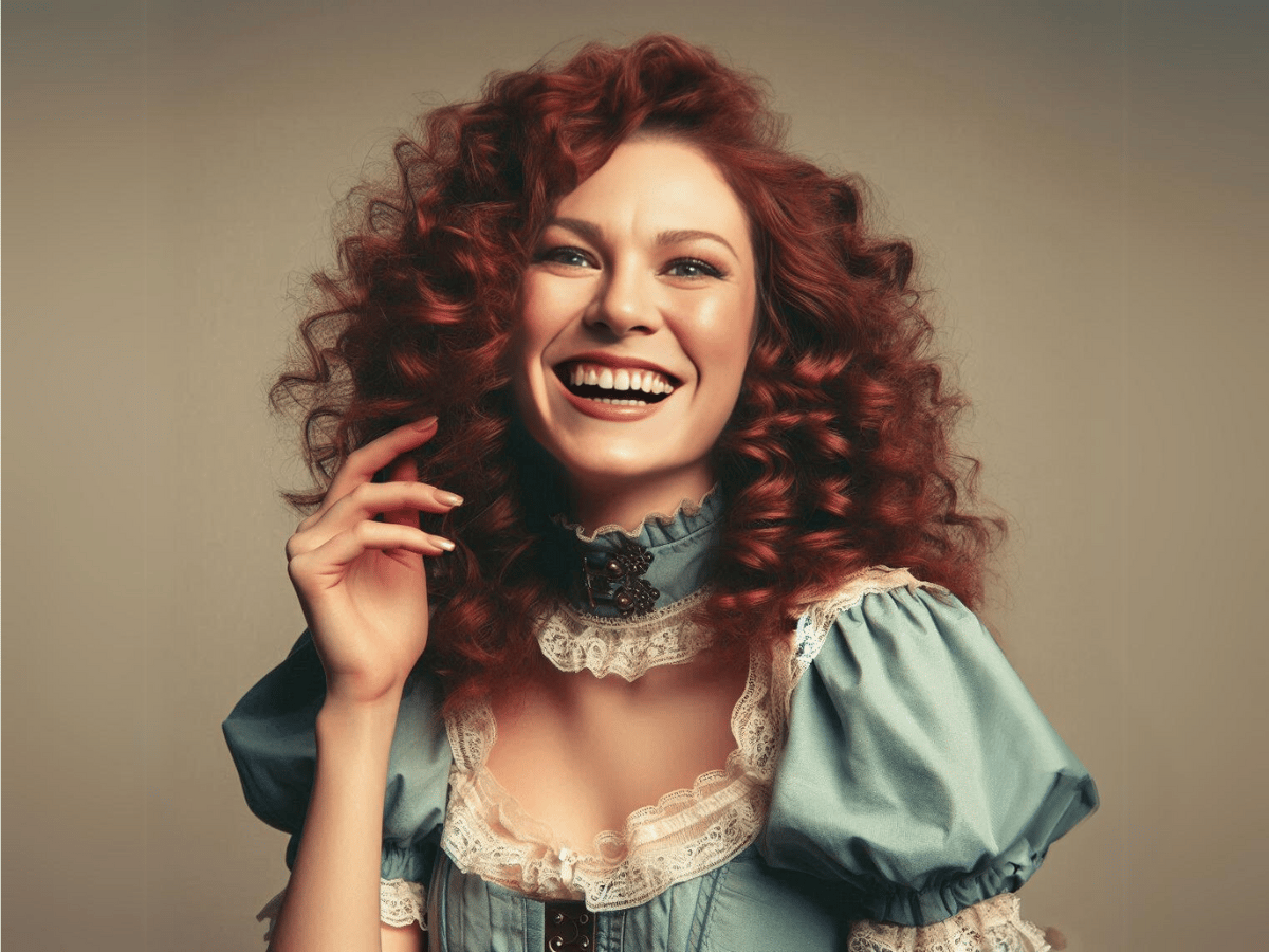 Redheaded woman in a steampunk light blue dress, laughing